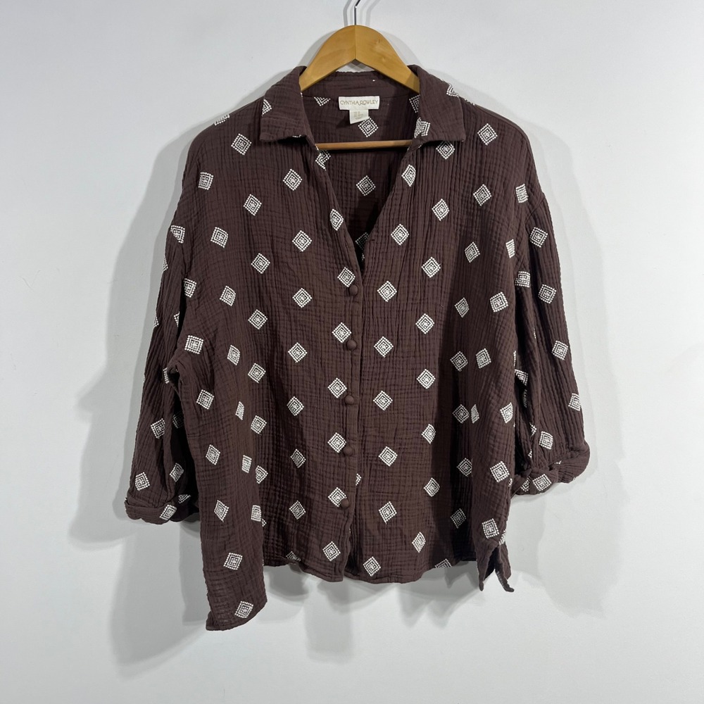 Cynthia Rowley Fairy Grunge Artsy Brown Double Gauze Cotton Embroidered Top 1X
